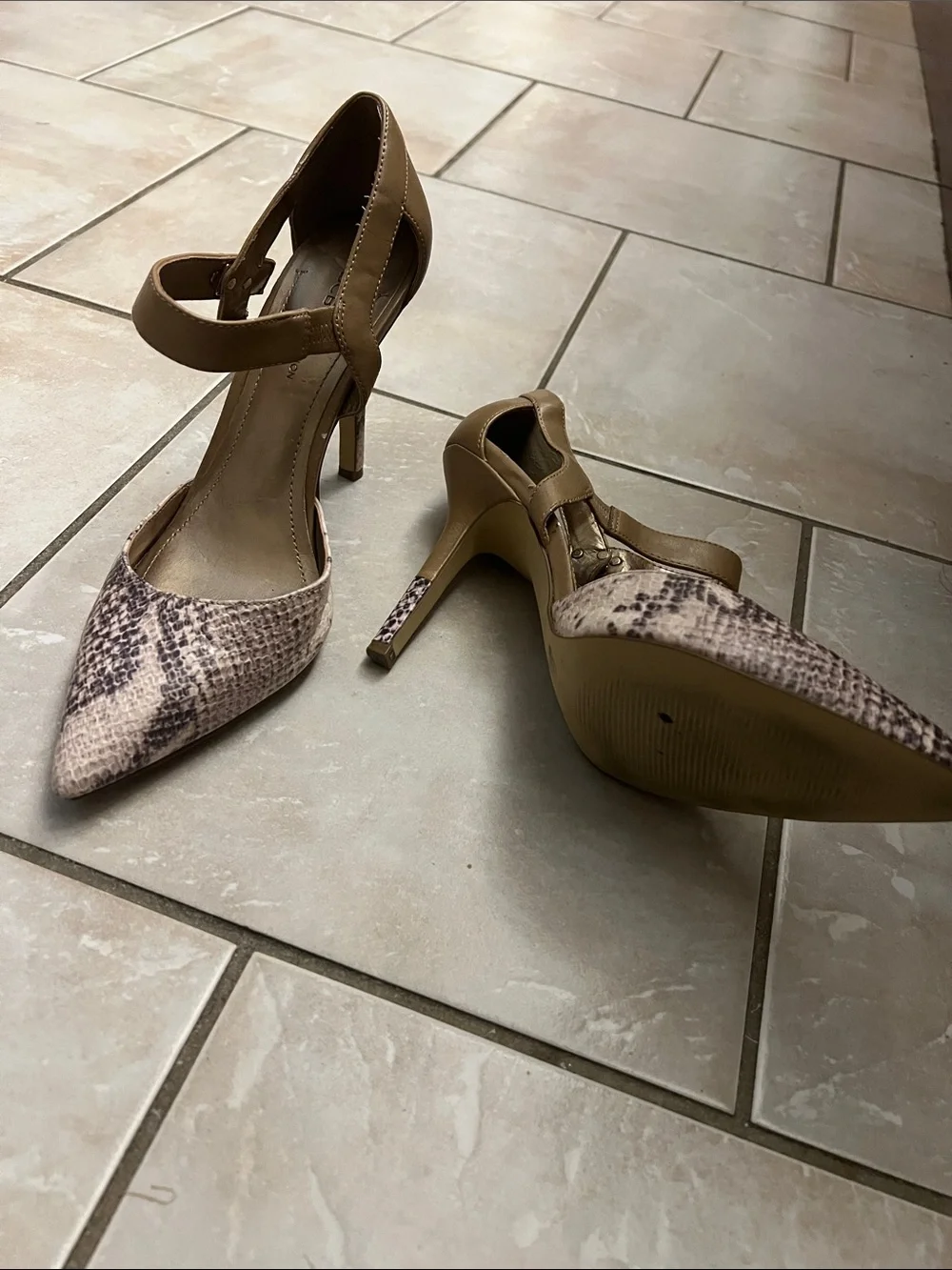 BCBGeneration Brown & Tan Snake-Print Pointed Ankle-Strap Heels